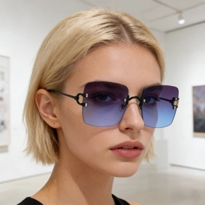 Detail of rimless square sunglasses with blue-purple gradient lenses and gold metal hinges