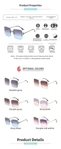Detailed view of frameless gradient sunglasses showing metal frame dimensions and specifications