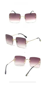 Three views of frameless purple grey gradient sunglasses with golden metal temples