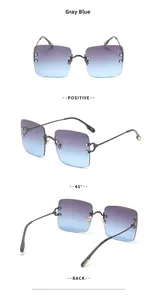 Three-angle view of rimless square sunglasses with grey-blue gradient lenses and studs
