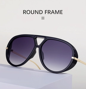 Detail of retro aviator sunglasses with black round frames and purple gradient lenses