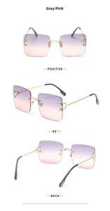Three-way view of rimless square sunglasses with gold metal frames and grey pink gradient lenses