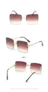 Three-view detail of rimless square sunglasses with gold metal frames and gradient brown lenses