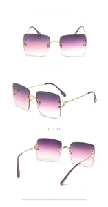 Three views of rimless square sunglasses with purple red white gradient lenses and gold frame