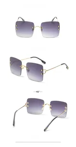 Three-way view of rimless sunglasses with purple gradient lenses and gold studs
