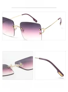 Detail view of frameless purple gradient sunglasses featuring gold metal hinges and nose pads