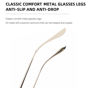 Detailed view of champagne gold metal glasses temple with adjustable propionic acid tip