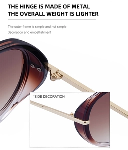 Detail of premium gold metal hinge and side decoration on retro aviator sunglasses