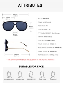 Detailed size specs for retro pilot sunglasses with PC frame and dimensions