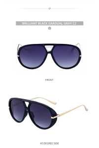 Front and 45-degree side view of pilot sunglasses with black frames and gradient gray lenses