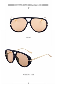 Front and 45-degree side view of black aviator sunglasses with champagne lenses
