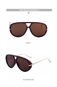 Detail view of dark brown aviator sunglasses with gold metal temples in front and side views