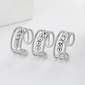 Fidget Ring Triple Layer Copper Adjustable Twisted Rope Design Anxiety Relief Rotating Beads Fashion Jewelry For Women