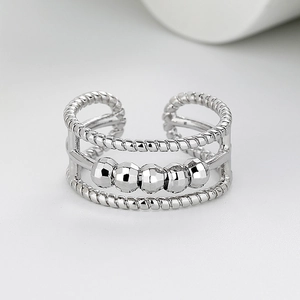 Three-layer silver anxiety ring with twisted bands and five rotating beads for women