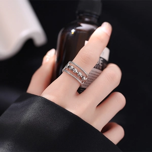 Three-layer silver fidget ring with movable metal beads for stress relief and fashion
