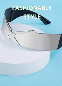 Detail of Y2K rimless sunglasses with silver mirrored lenses and star rivets on white stand