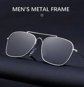 Detailed side view of silver metal square frame sunglasses with double bridge design
