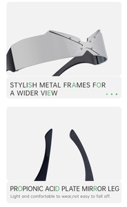 Detail view of silver rimless Y2K sunglasses with durable acetate temples and wide lenses