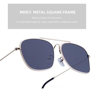 Close-up of golden metal square frame men's sunglasses with sturdy double bridge design