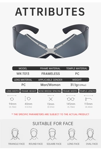 Detailed size specifications for rimless Y2K sunglasses with PC frame measurements