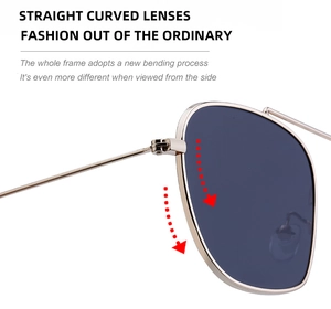 Detail of straight curved lenses on gold metal frame sunglasses with bending process