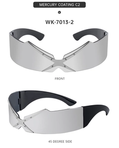 Detail view of futuristic frameless Y2K sunglasses with silver mercury coating and X-bridge