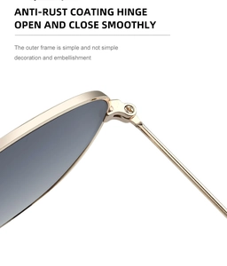 Detailed close-up of smooth rust-proof metal hinges on gold frame square sunglasses