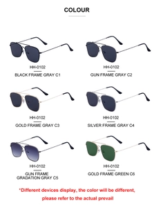 Flat lay of pilot sunglasses HH-0102 in six various frame colors and lens tints