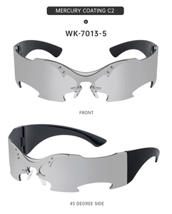 Front and 45-degree views of Y2K rimless sunglasses with silver mercury coating lenses