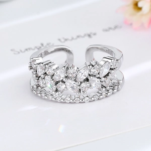 Luxurious double-layer open ring with sparkling marquise cubic zirconia in silver finish