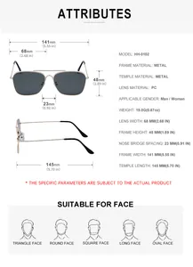 Detailed size guide and technical specifications for square frame metal sunglasses
