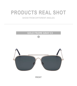 Front view of gold frame square sunglasses with double bridge and gray lenses