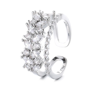 Luxurious double-layer silver ring with marquise and round cut zircons in 45-degree view