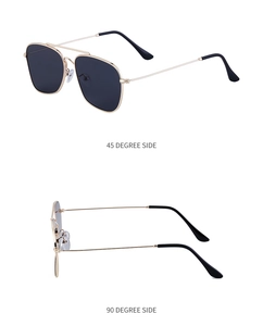 Detail view of square metal sunglasses in gold frame showing 45 and 90 degree side angles
