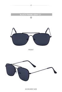 Front and 45 degree side views of classic black metal square frame aviator sunglasses