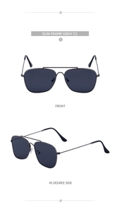 Front and side views of gunmetal metal frame aviator sunglasses with gray lenses