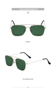 Detail of square pilot sunglasses with gold metal frame and dark green C6 lenses