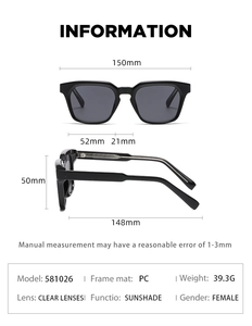 Detailed size guide and specifications for square frame sunglasses with measurements