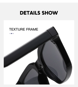 Macro detail of glossy black square frame sunglasses showing sturdy hinge and wide temple