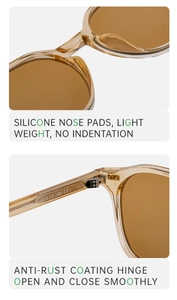 Détail des plaquettes de nez en silicone et charnières de lunettes de soleil ambre