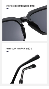Detail of square sunglasses showing stereoscopic nose pads and anti-slip mirror legs