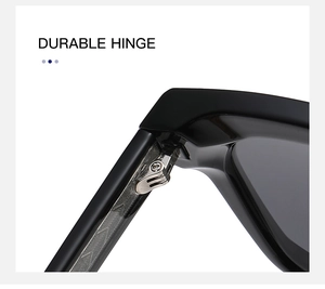 Detail shot of the durable reinforced metal hinges on black square sunglasses