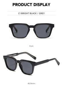 Detailed front and 45-degree side views of black square sunglasses with grey lenses