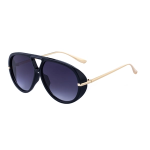 Retro pilot sunglasses with black frames and gold metal temples in a 45-degree side view