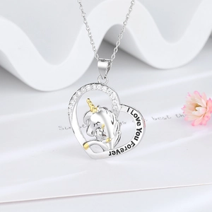 Collier Pendentif Licorne En Forme De Coeur Cuivre Avec Zircon Gravure I Love You Forever Bijoux Femmes
