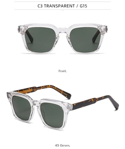Front and 45-degree angle view of square sunglasses with transparent frames and green lenses