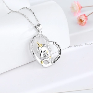 Collier licorne en argent S925 avec pendentif coeur en zircon et gravure I Love You