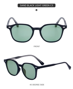 Vue détaillée frontale et latérale des lunettes de soleil rétro noir mat aux verres vert clair