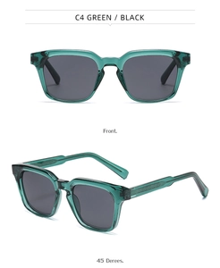 Front and 45-degree angle views of translucent green square frame fashion sunglasses