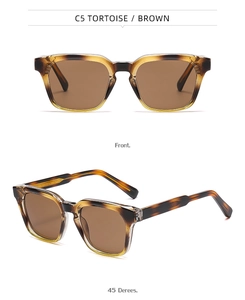 Close-up of retro tortoise square frame sunglasses with brown lenses from front and side view